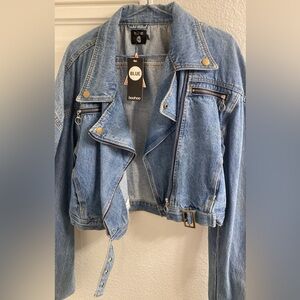 CROP BIKER ZIP DENIM JACKET